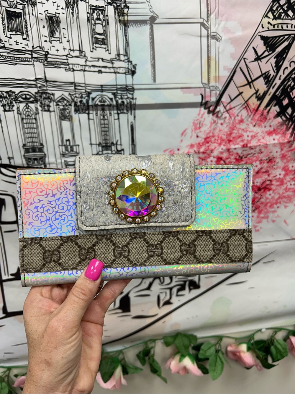 Holographic Jewel Accent Wallet - Iridescent